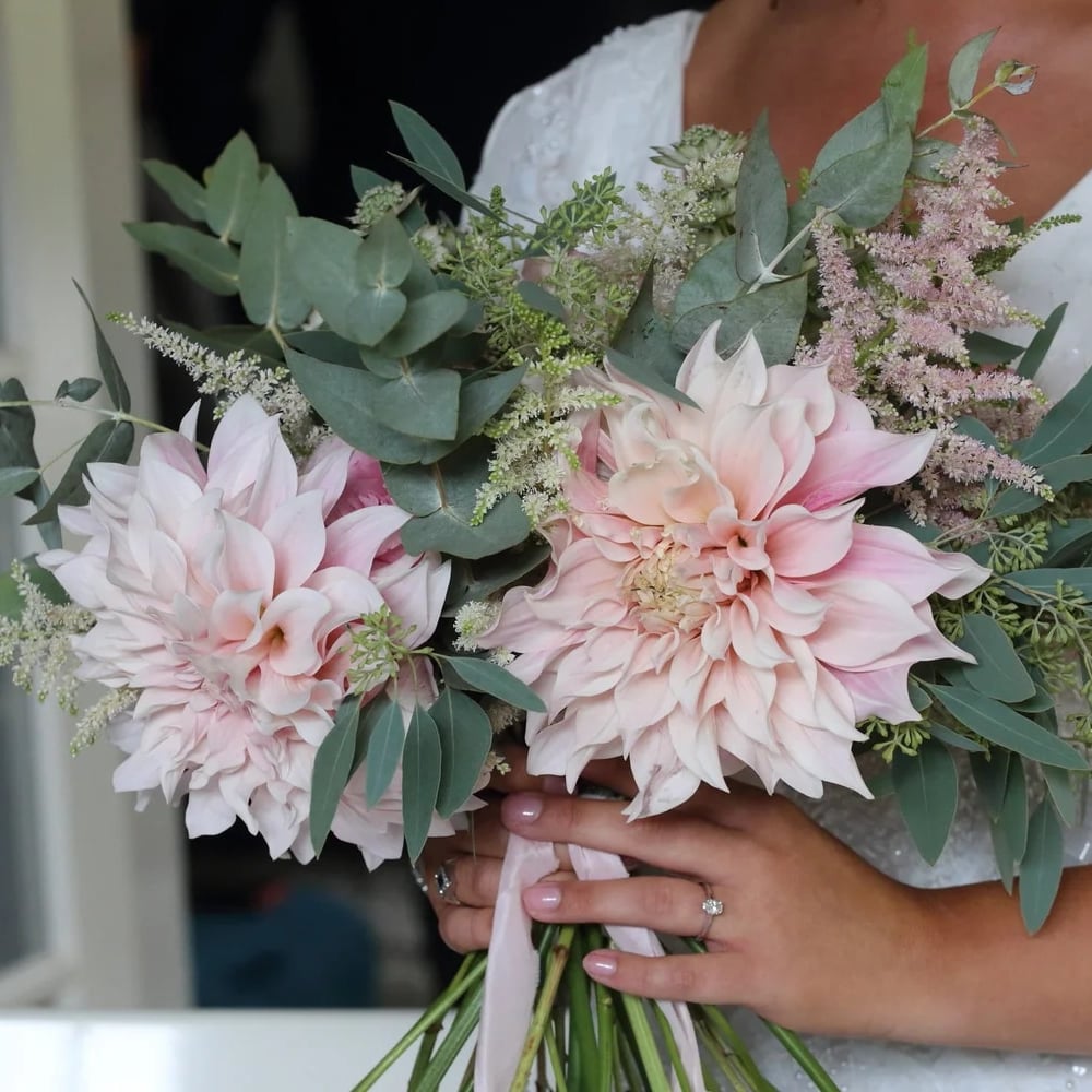 Bride holding a blush dahlia and eucalyptus wedding bouquet